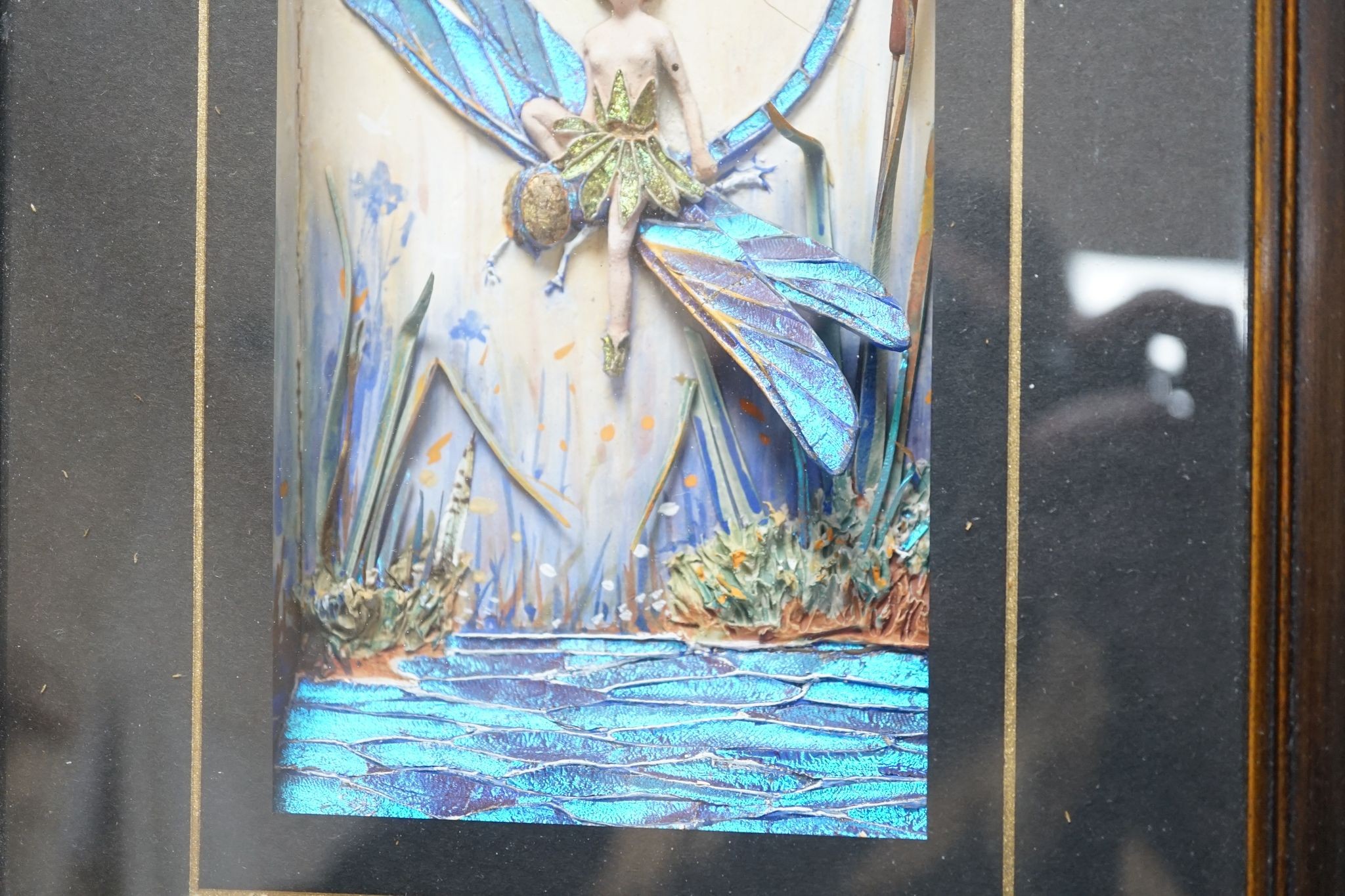A pair of morpho butterfly wing nymph diorama, signed Gaydon King, Pat. App. For 19907/29, c.1930, 10.5 cms wide x 17.5 cms high. (not including mount or frame).
